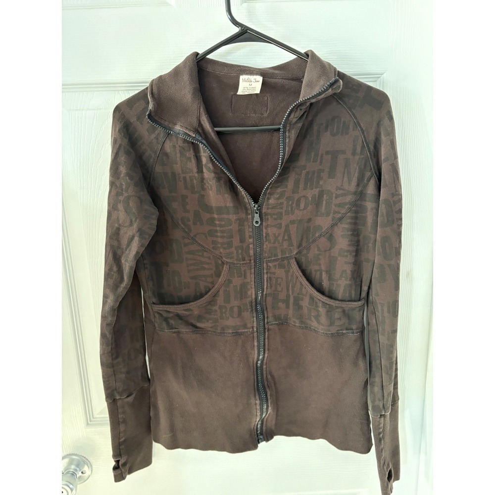 Matilda Jane Womens Brown Typography Print Full Zip Jacket Thumbholes Size M